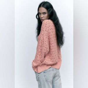 Zara Pointelle Knit Cardigan, Pink, Small